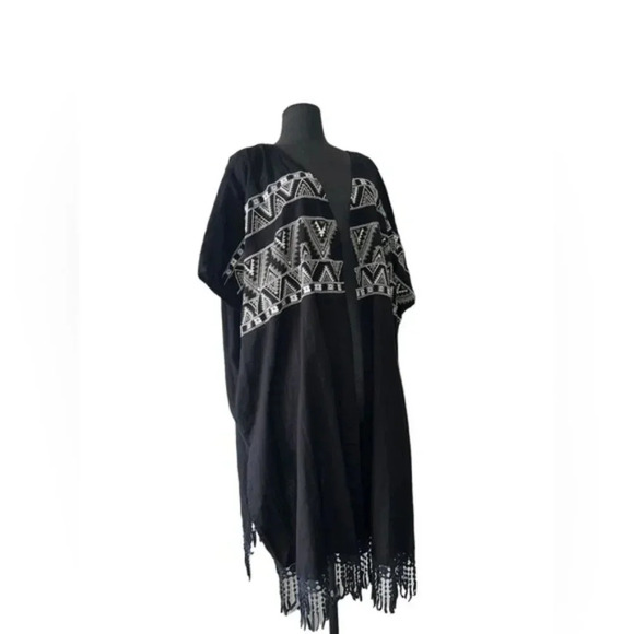 World Market Black Aztec Embroidered Fringe Open Front Cardigan Free Size - Picture 5 of 8